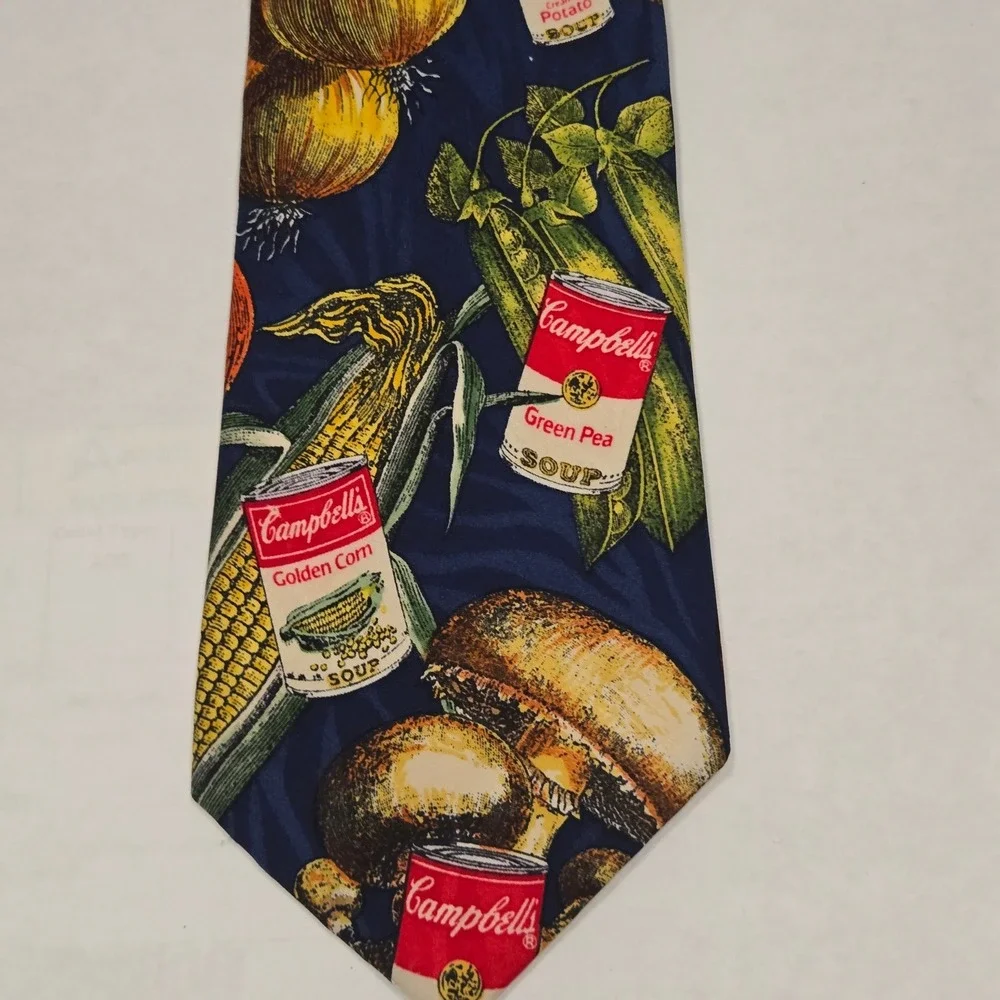 Vintage 1994 Campbells Soup Cans Novelty Tie Mens Navy Blue Vegetables USA Made